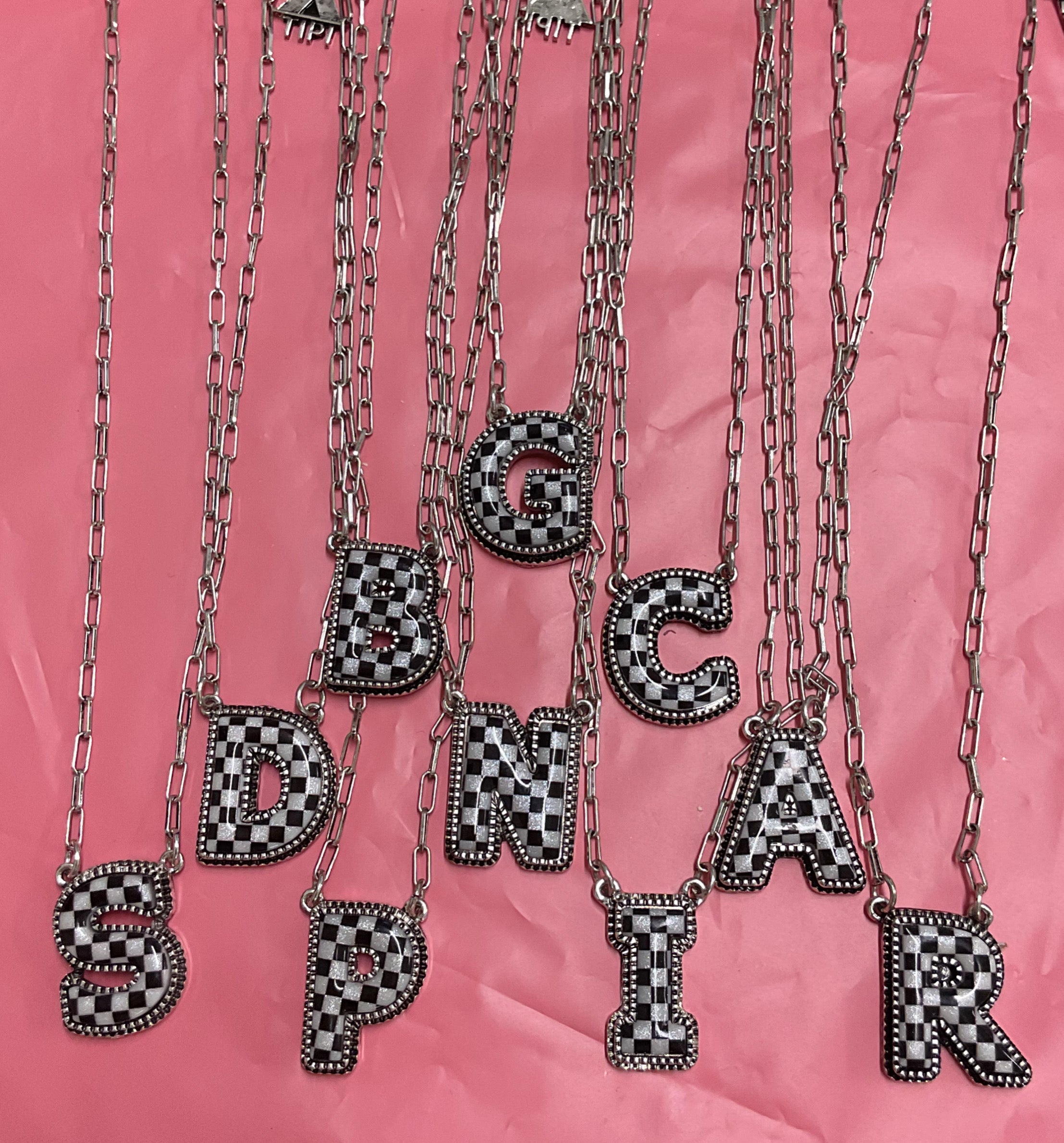 Checkered print letter necklace
